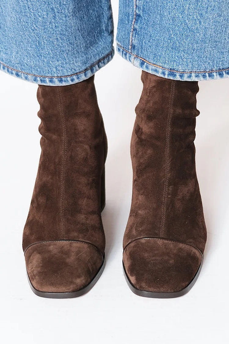 Women's Faux Suede Mid Block Heel Boots with Topstitched Toe