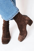 Women's Faux Suede Mid Block Heel Boots with Topstitched Toe - Brown