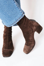 Women's Faux Suede Mid Block Heel Boots with Topstitched Toe - Brown