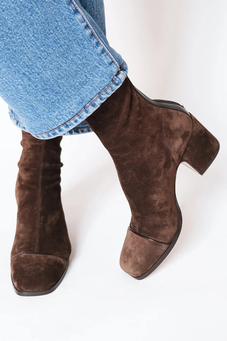 Women's Faux Suede Mid Block Heel Boots with Topstitched Toe - Brown
