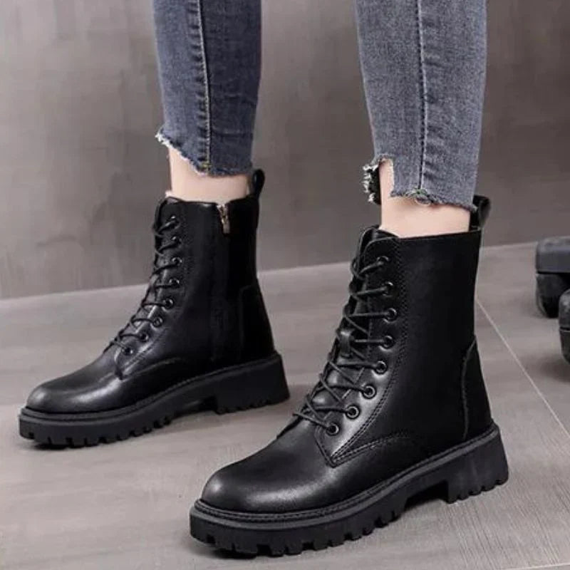 Women's Leather Commuter Ankle Boots with Thick Tread Sole and Zip - Black