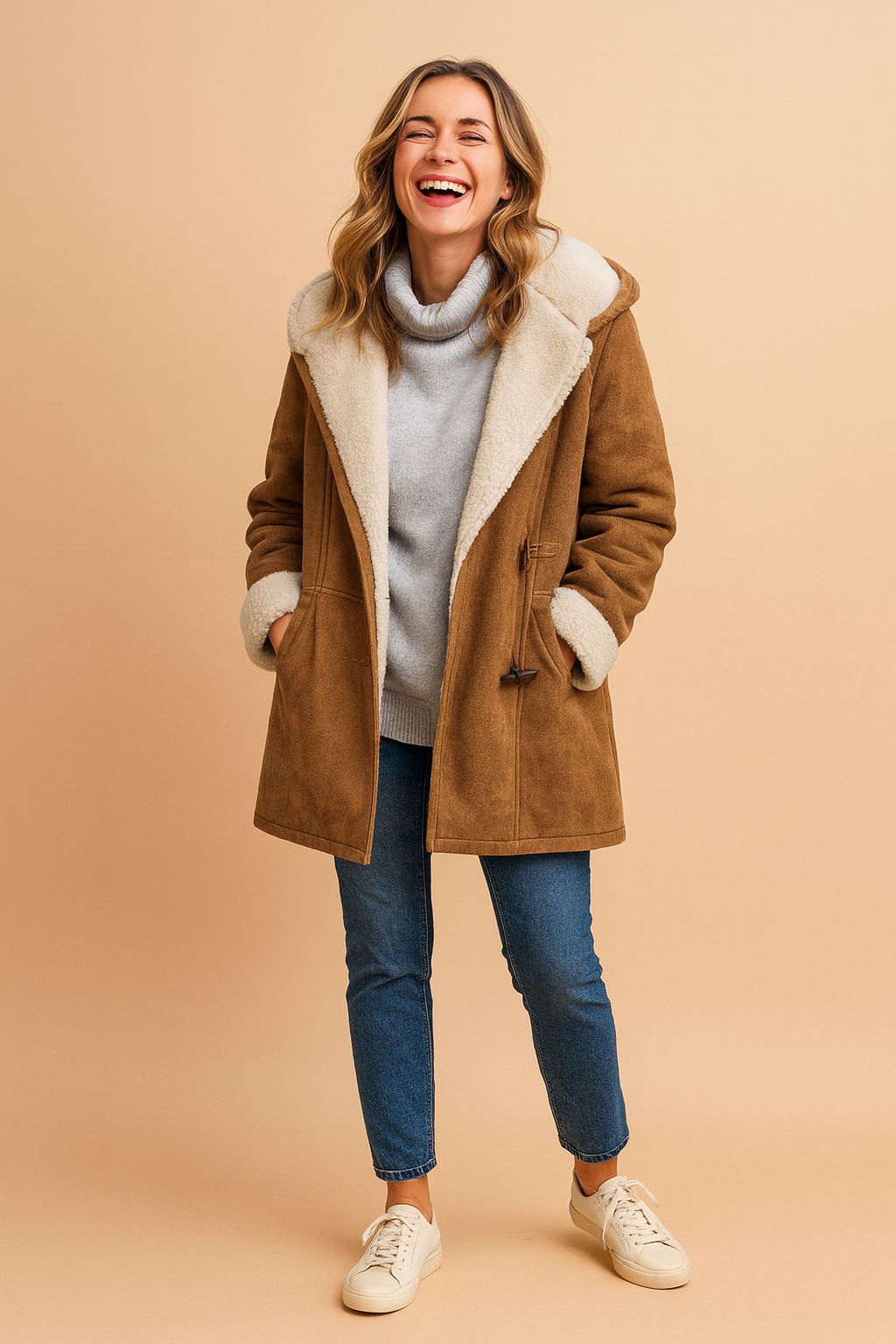 Women's Toggle-Front Duffle Coat with Patch Pockets and Lined Hood - Brown