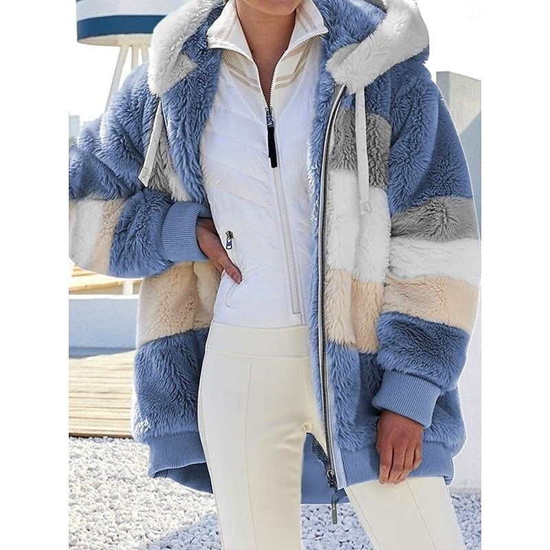 Women's Full-Zip Plush Hooded Jacket in a Roomy Cut - Blue