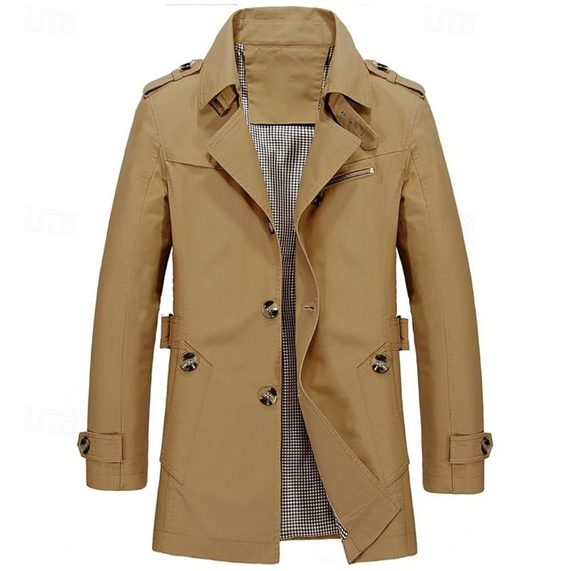 Men's Single-Row Button Trench Coat with Generous Front Pockets - Khaki