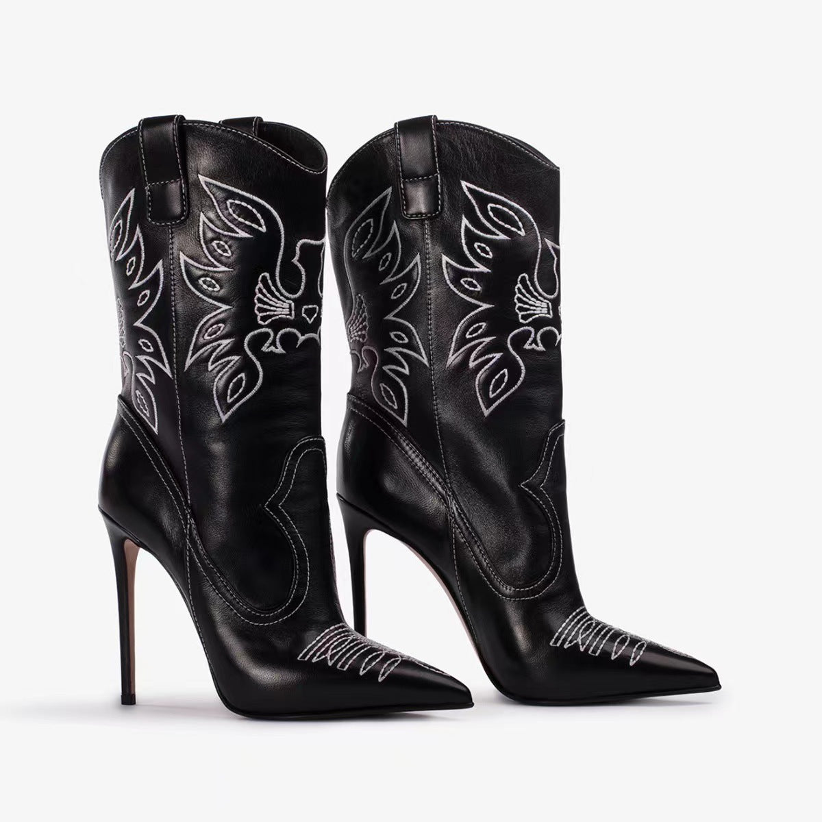 Women's Tall Embroidered Denim Stiletto Boots with Pointed Toe - Black