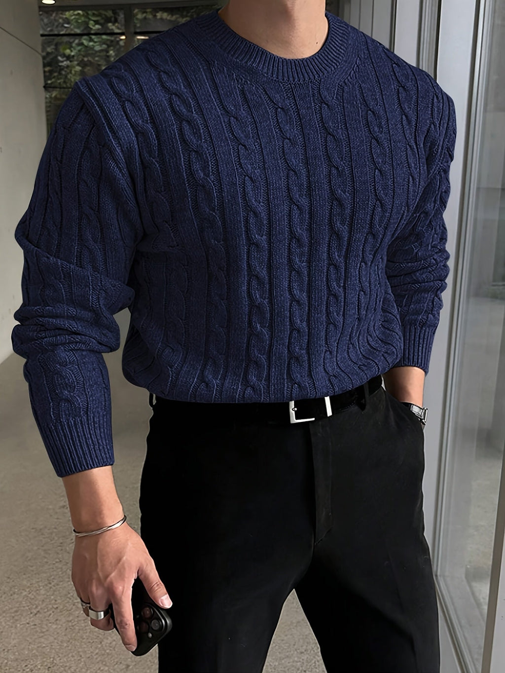 Men's Raised Cable Crew Neck Jumper for Office Layering