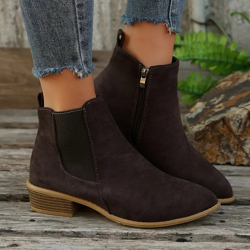 Women's Minimal Suede-Look Ankle Boots on a Low Block Heel - Dark Brown