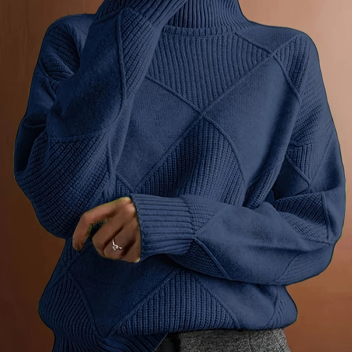 Women's Relaxed High Neck Jumper with Diamond Knit Pattern - Royal Blue