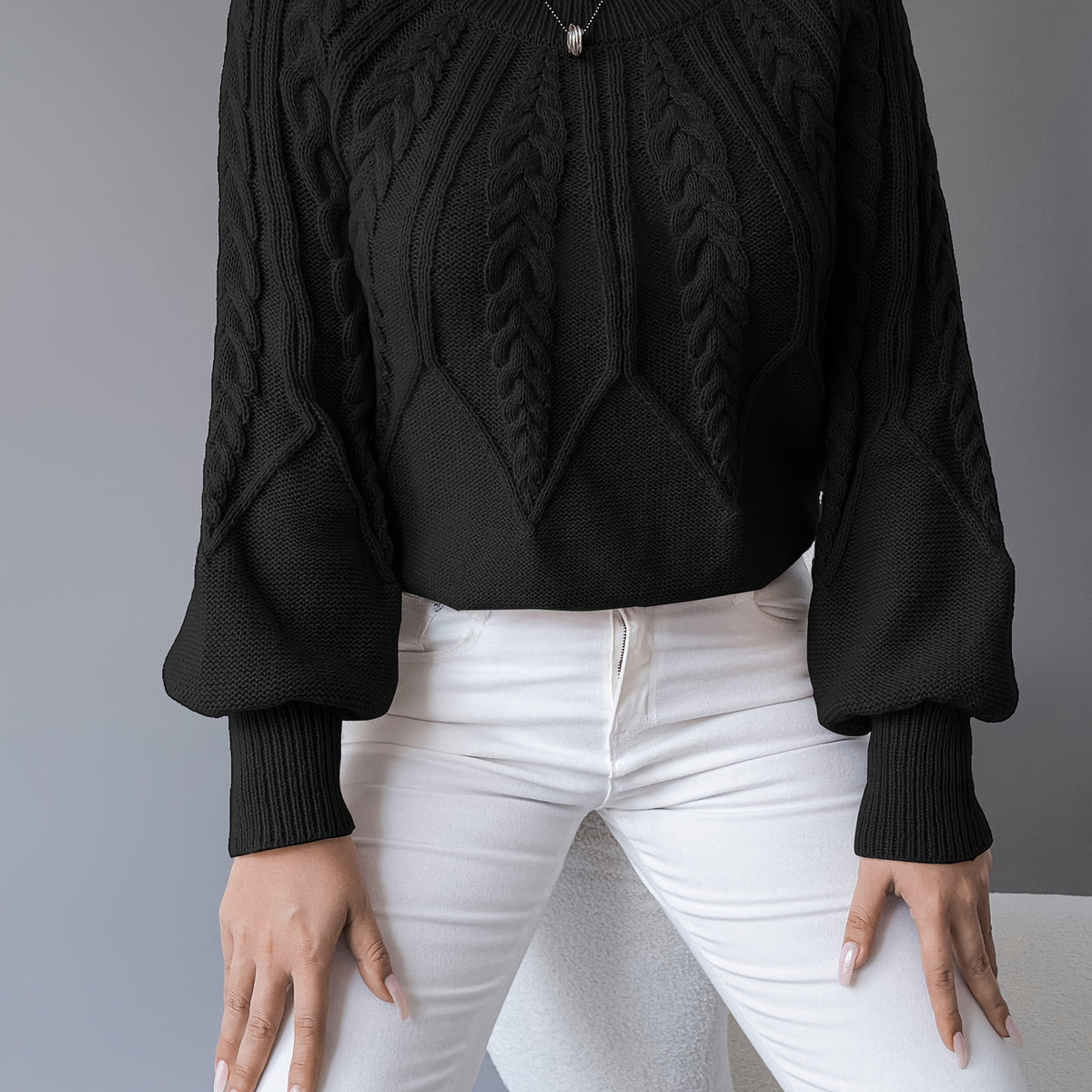 Women's Cable-Knit Jumper with Gathered Lantern Sleeves