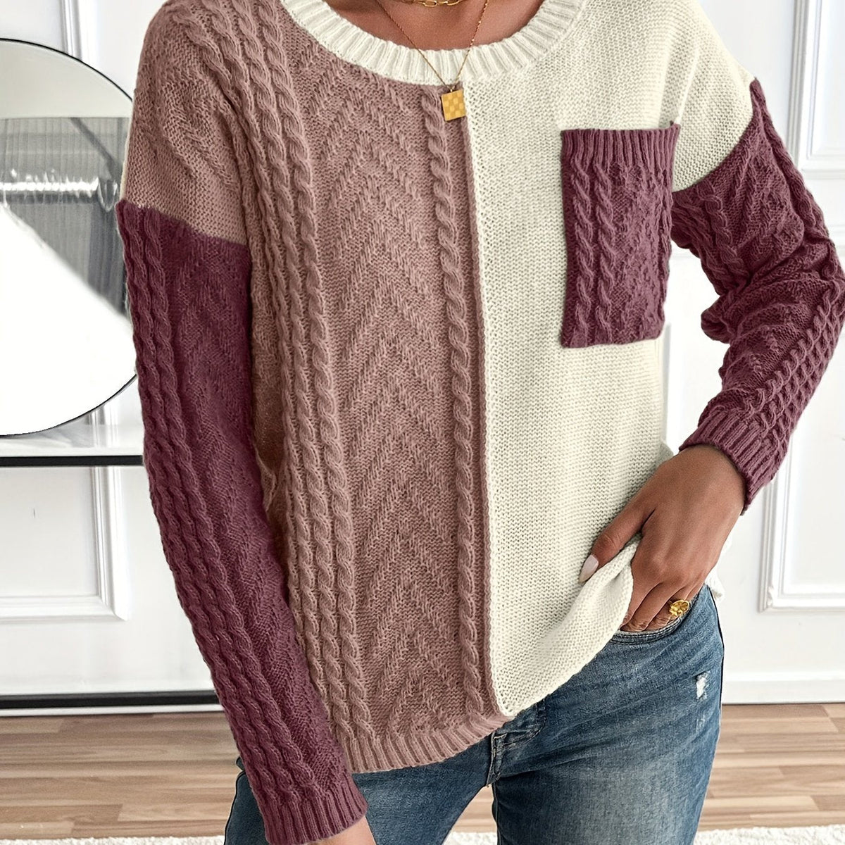 Women's Patch Pocket Cable-Knit Jumper with Two-Tone Panels - Pink