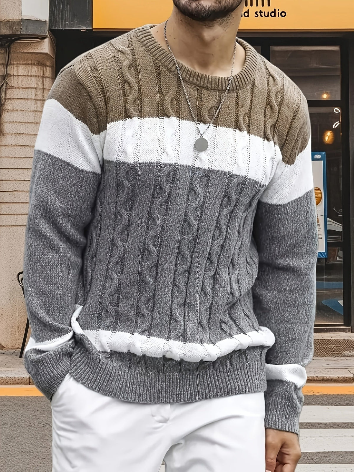 Men's Contrast-Panel Cable Knit Jumper