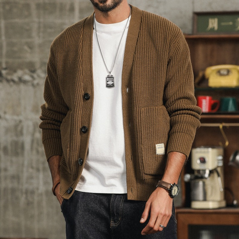 Men's Roomy-Pocket Thick Knit Cotton Cardigan in a Loose Cut