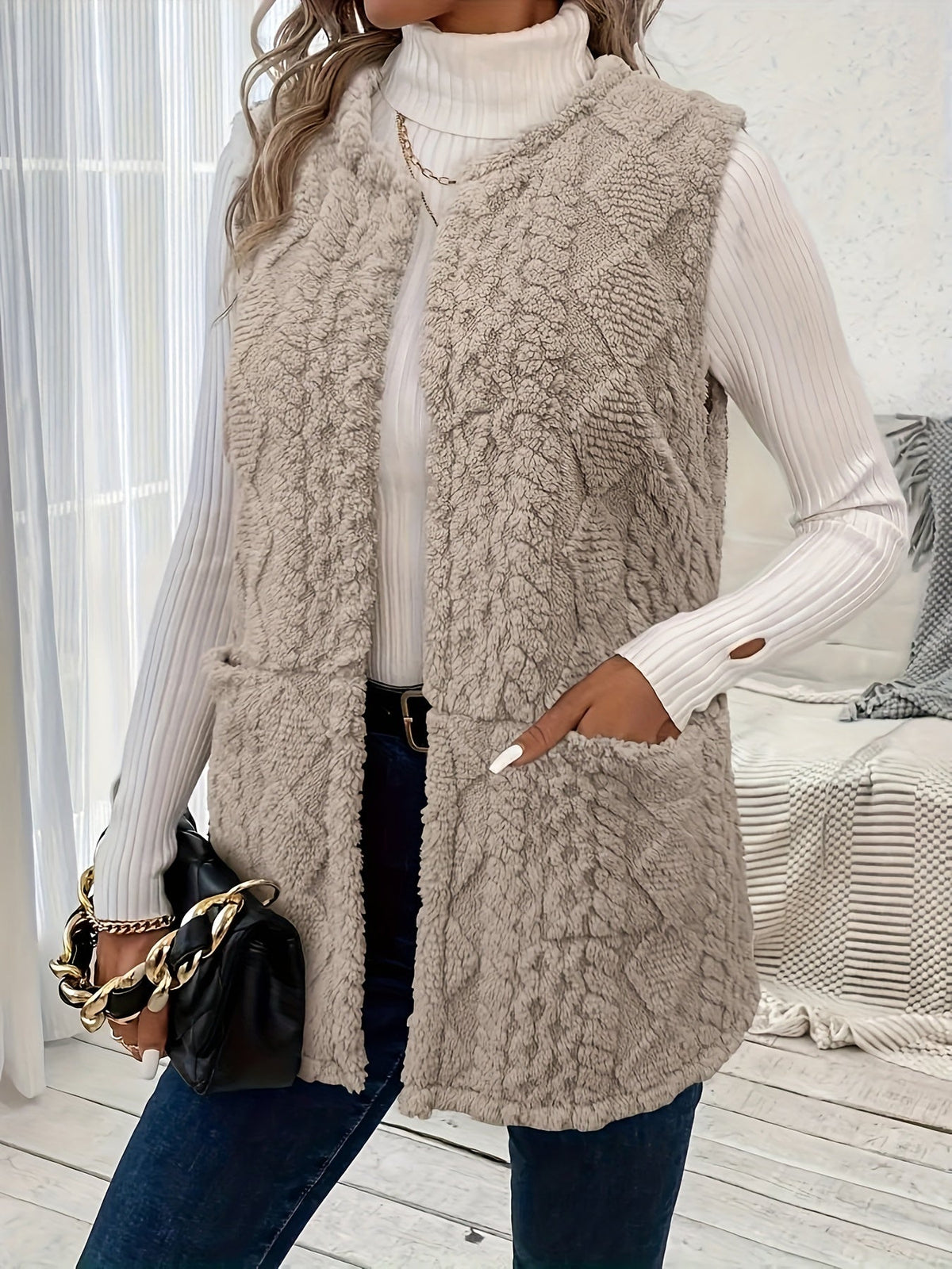 Women's Open-Front Draped Plush Layering Gilet