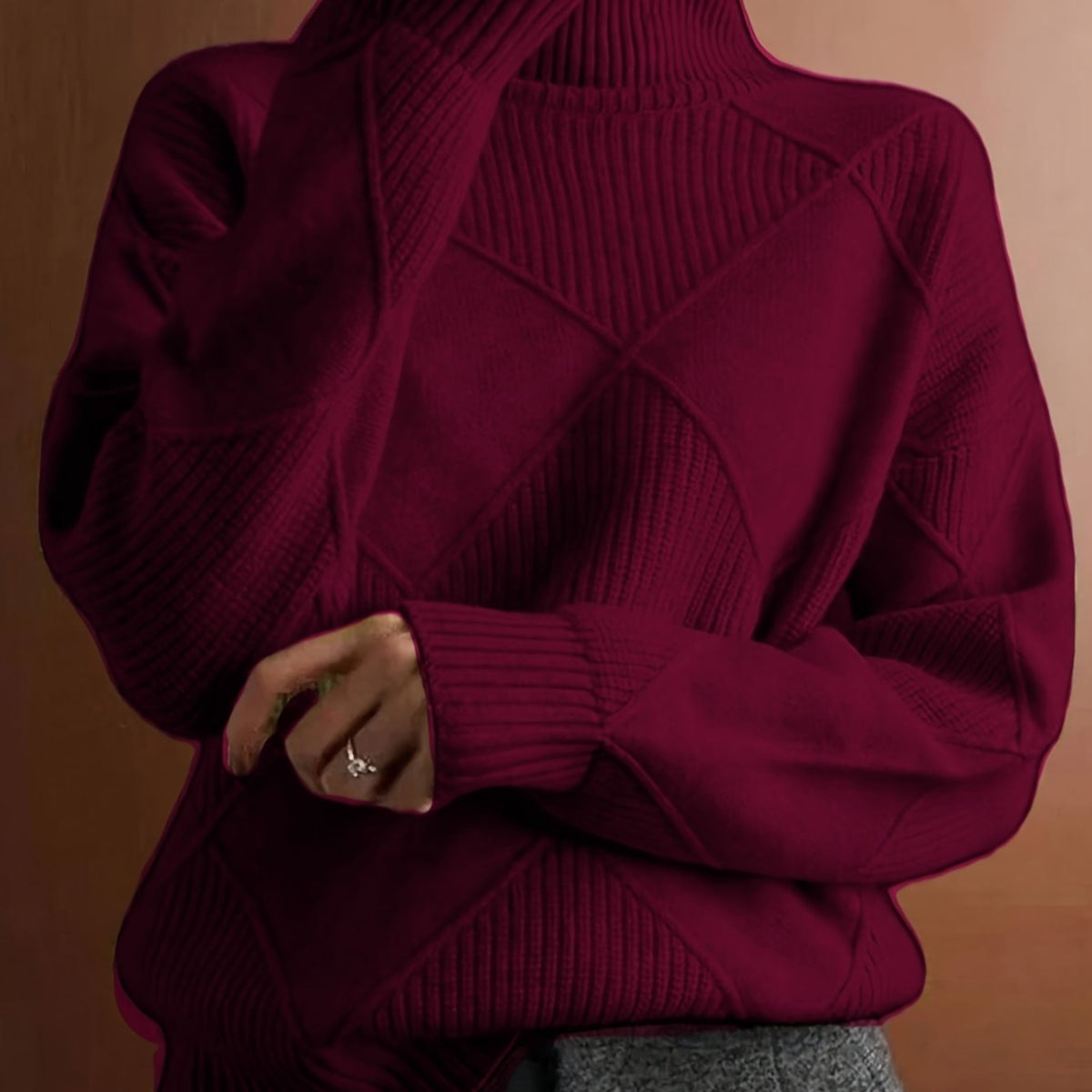 Women's Relaxed High Neck Jumper with Diamond Knit Pattern - Burgundy