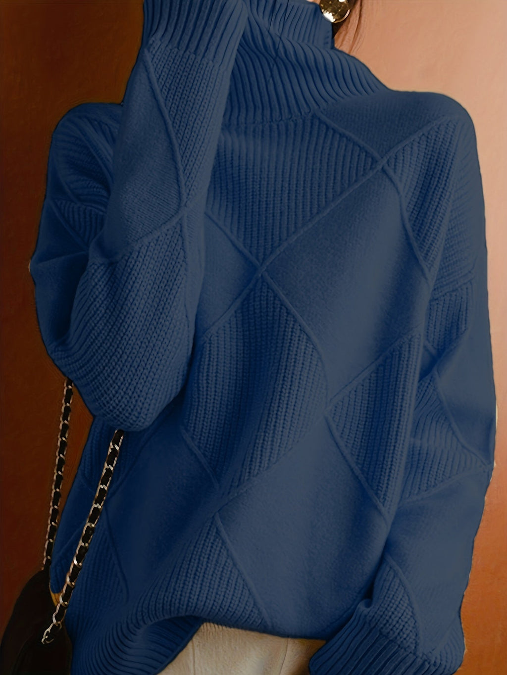 Women's Relaxed High Neck Jumper with Diamond Knit Pattern