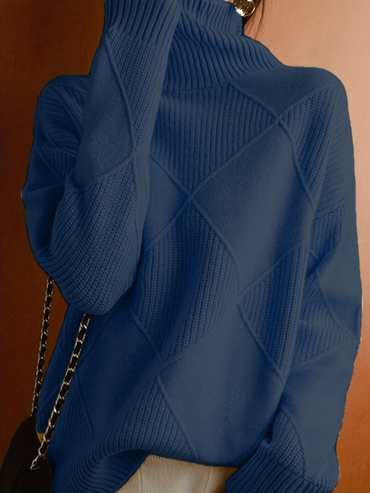 Women's Relaxed High Neck Jumper with Diamond Knit Pattern
