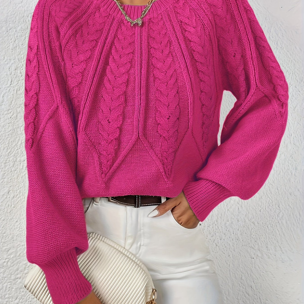 Women's Everyday Raglan Cable-Knit Jumper with Round Neckline - Pink Red