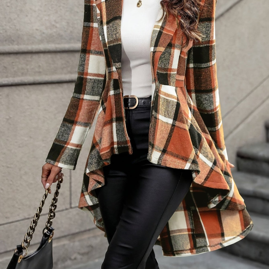 Women's Open-Front Checked Swing Jacket - Red & Brown Plaid