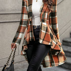 Women's Open-Front Checked Swing Jacket - Red & Brown Plaid
