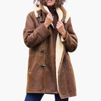 Women's Roomy Mid-Length Duffle Coat with Toggles and Faux Fur Collar - Brown