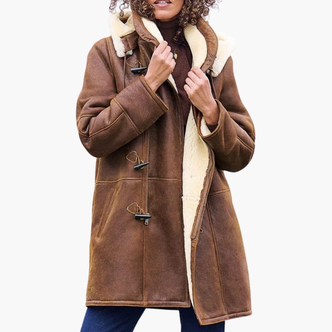 Women's Roomy Mid-Length Duffle Coat with Toggles and Faux Fur Collar - Brown
