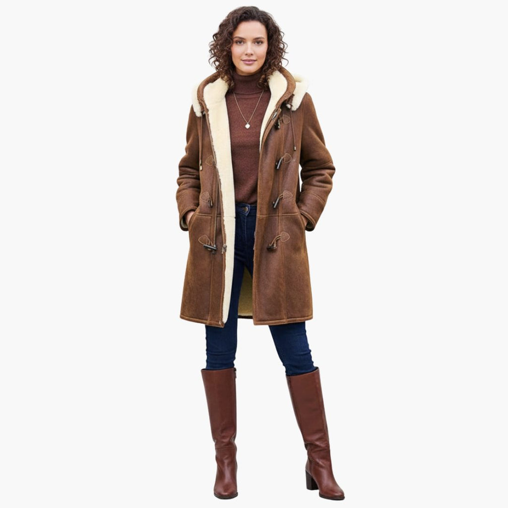 Women's Roomy Mid-Length Duffle Coat with Toggles and Faux Fur Collar