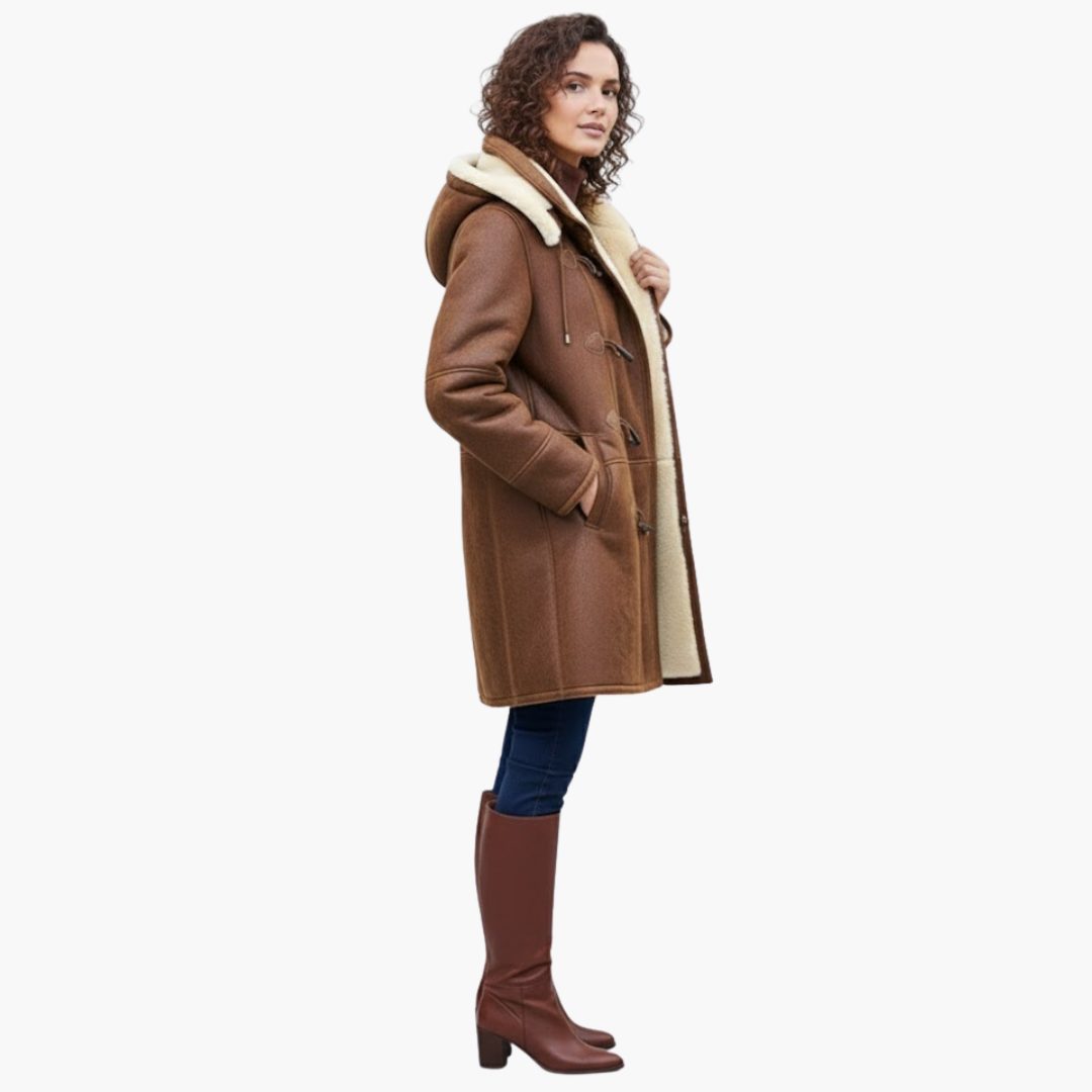Women's Roomy Mid-Length Duffle Coat with Toggles and Faux Fur Collar