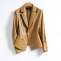 Women's Single-Button Leather Blazer with Close Structured Fit - Camel