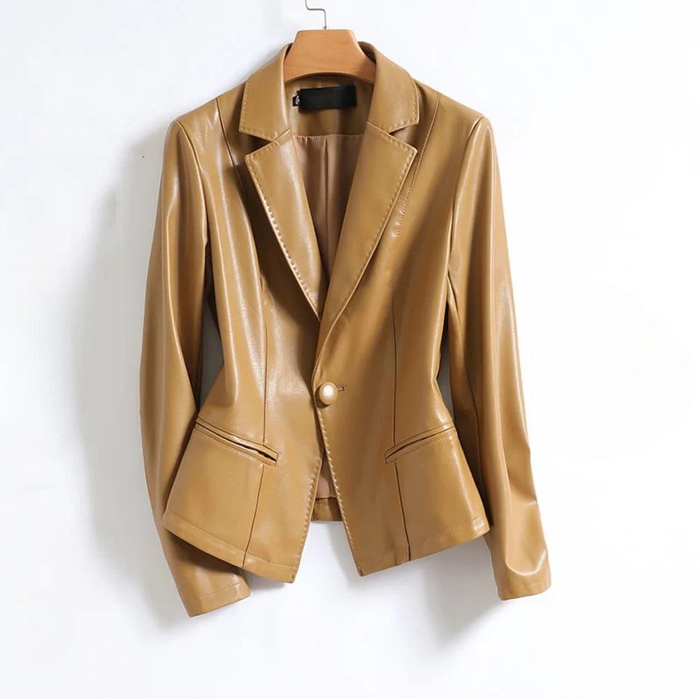 Women's Single-Button Leather Blazer with Close Structured Fit - Camel