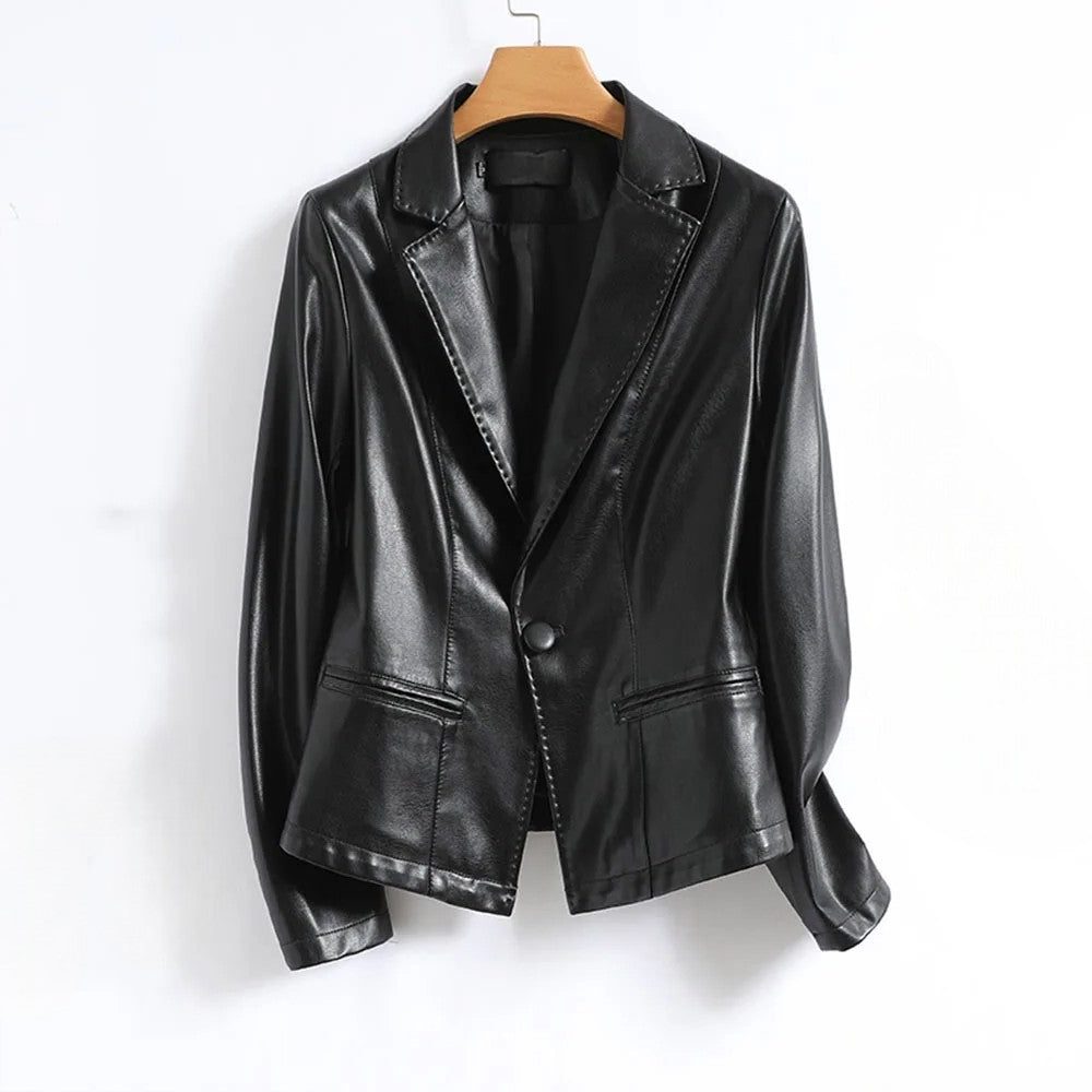 Women's Single-Button Leather Blazer with Close Structured Fit - Black