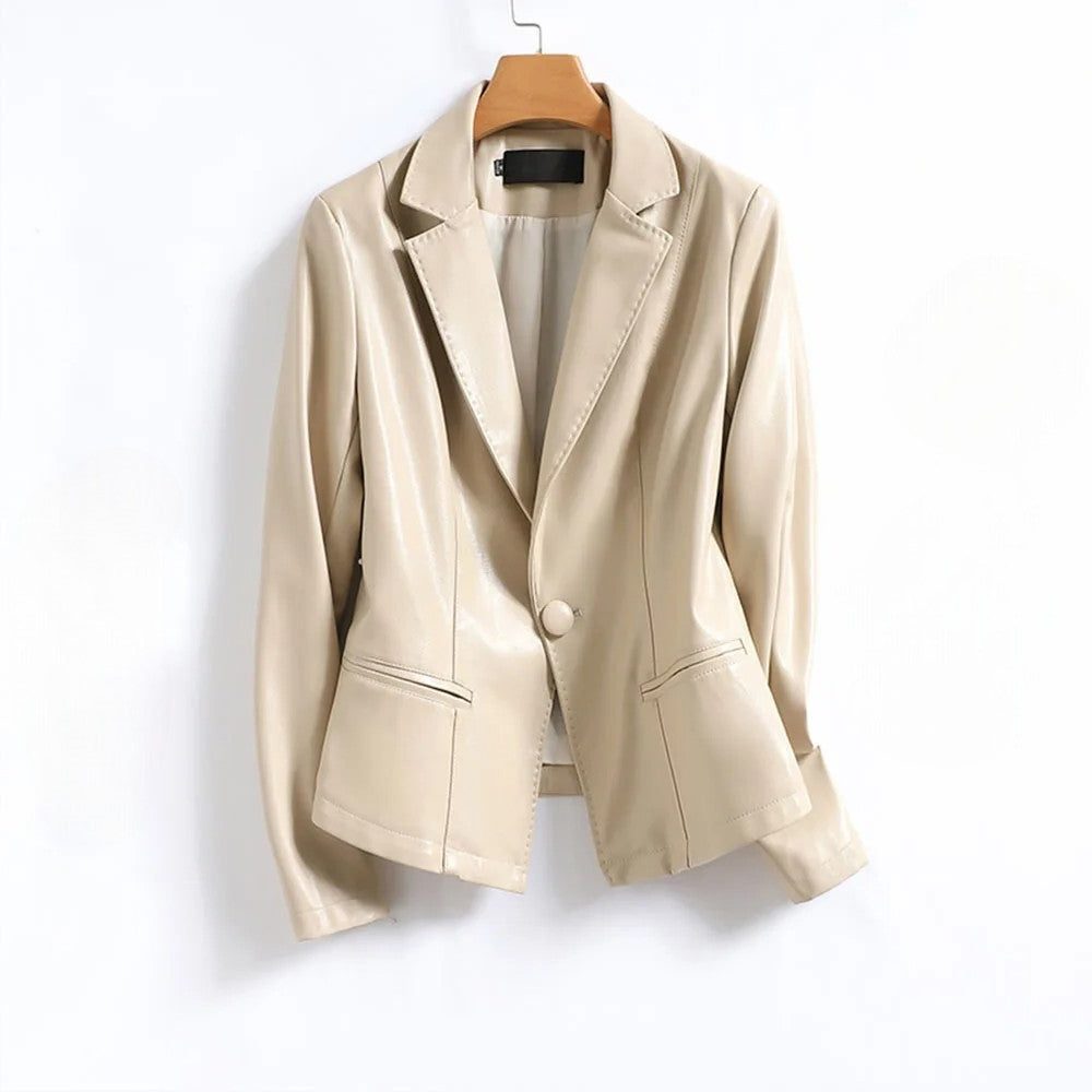 Women's Single-Button Leather Blazer with Close Structured Fit - Off-White
