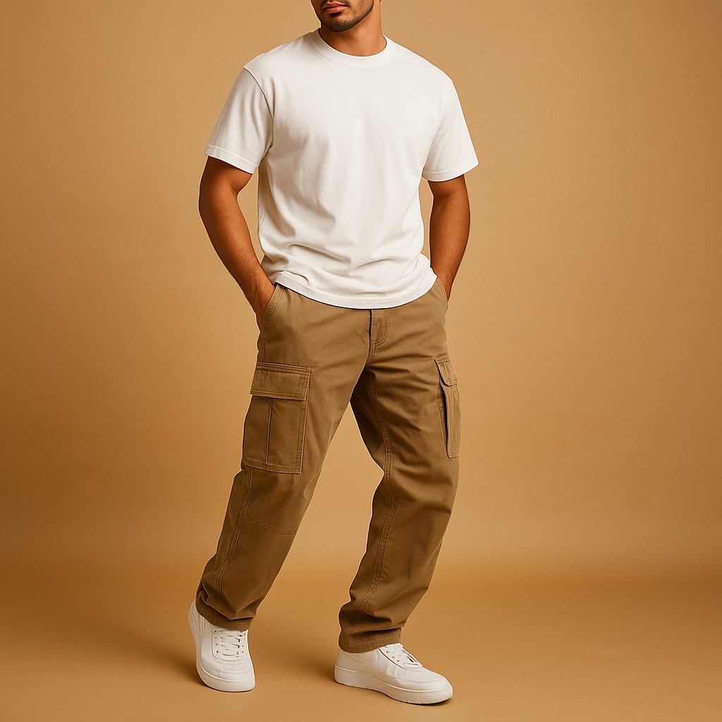 Men's Cotton-Blend Regular-Fit Cargo Trousers for Every Day - Khaki