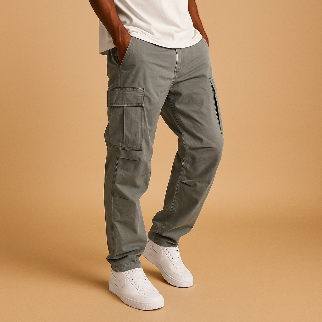 Men's Cotton-Blend Regular-Fit Cargo Trousers for Every Day - Grey