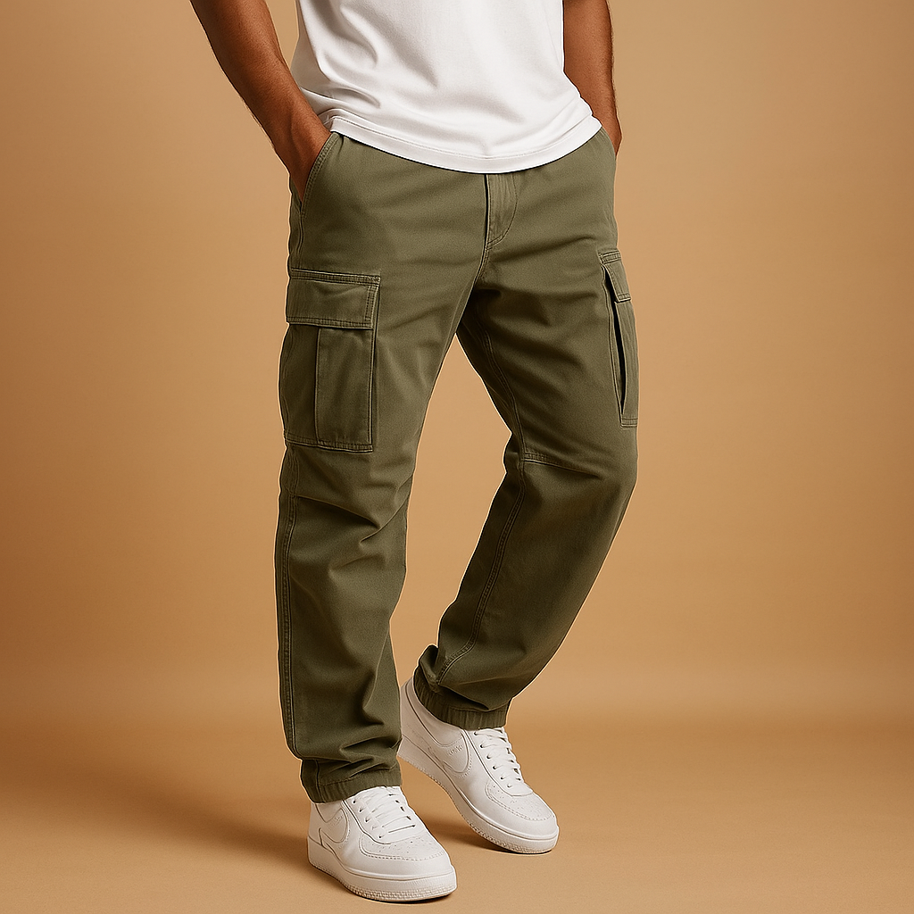 Men's Cotton-Blend Regular-Fit Cargo Trousers for Every Day - Olive Green