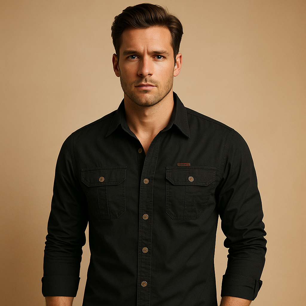 Men's Roll-Sleeve Cargo Shirt in Sturdy Cotton - Black