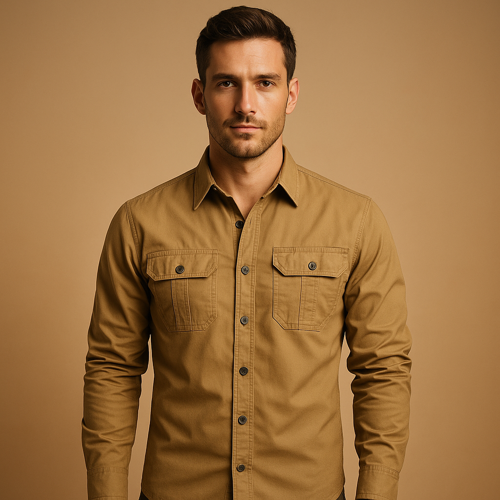 Men's Roll-Sleeve Cargo Shirt in Sturdy Cotton - Khaki