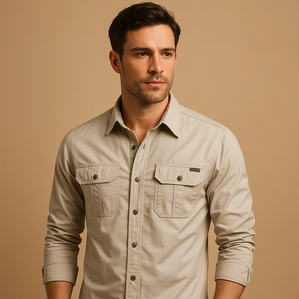 Men's Roll-Sleeve Cargo Shirt in Sturdy Cotton - Cream