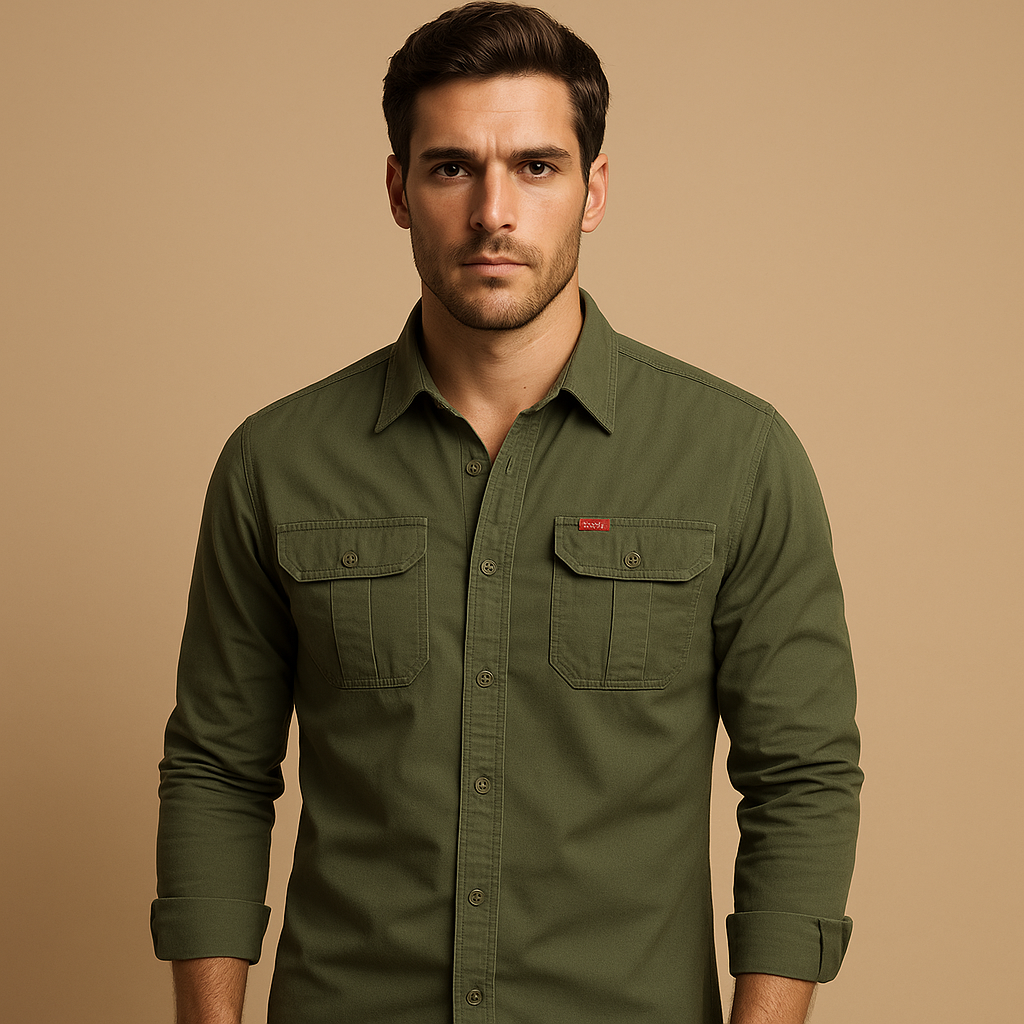 Men's Roll-Sleeve Cargo Shirt in Sturdy Cotton - Olive Green