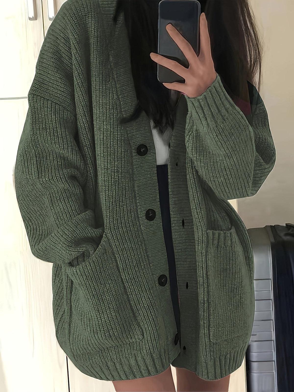 Women's Oversized Textured Knit Cardigan for Easy Layering - Green