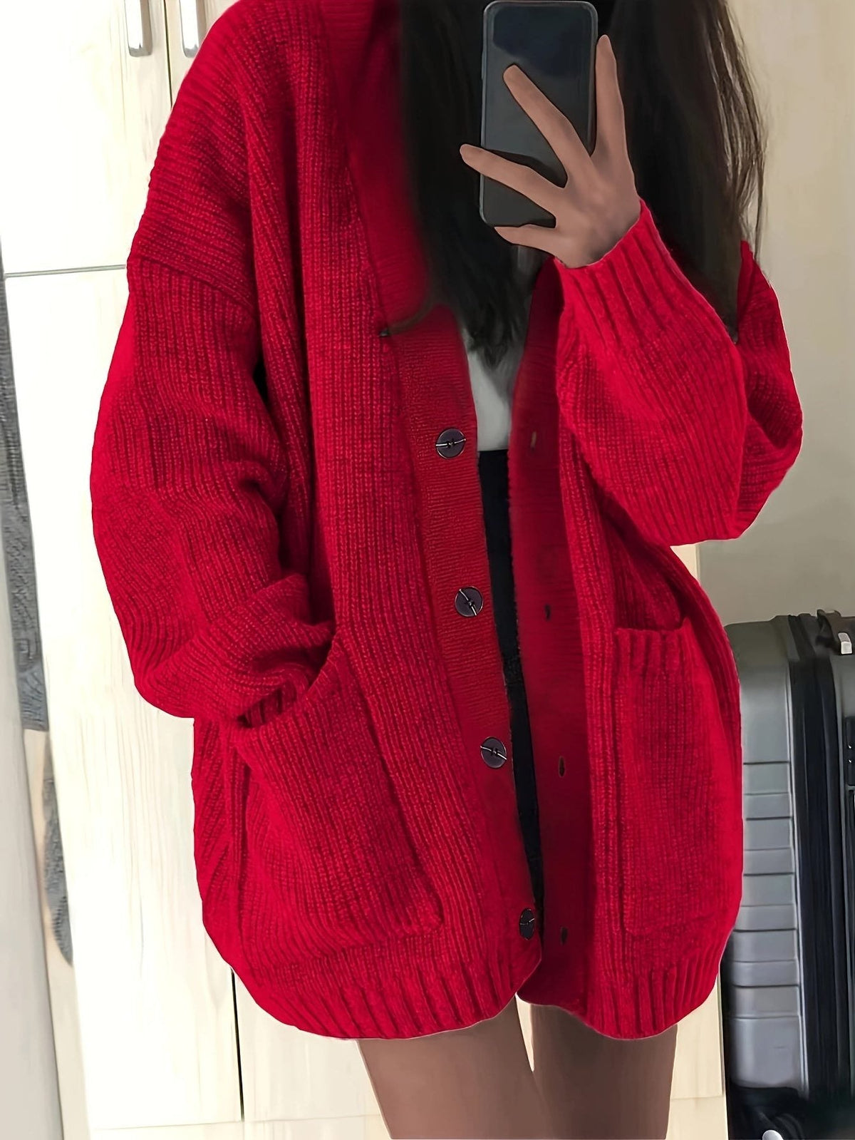 Women's Oversized Textured Knit Cardigan for Easy Layering - Red