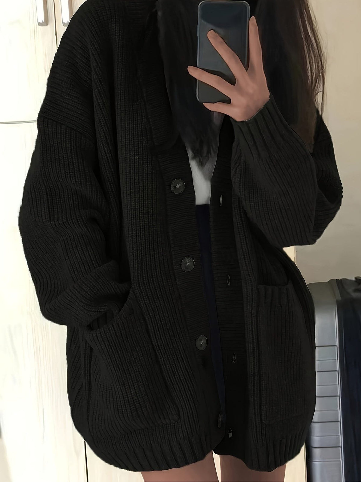 Women's Oversized Textured Knit Cardigan for Easy Layering - Black