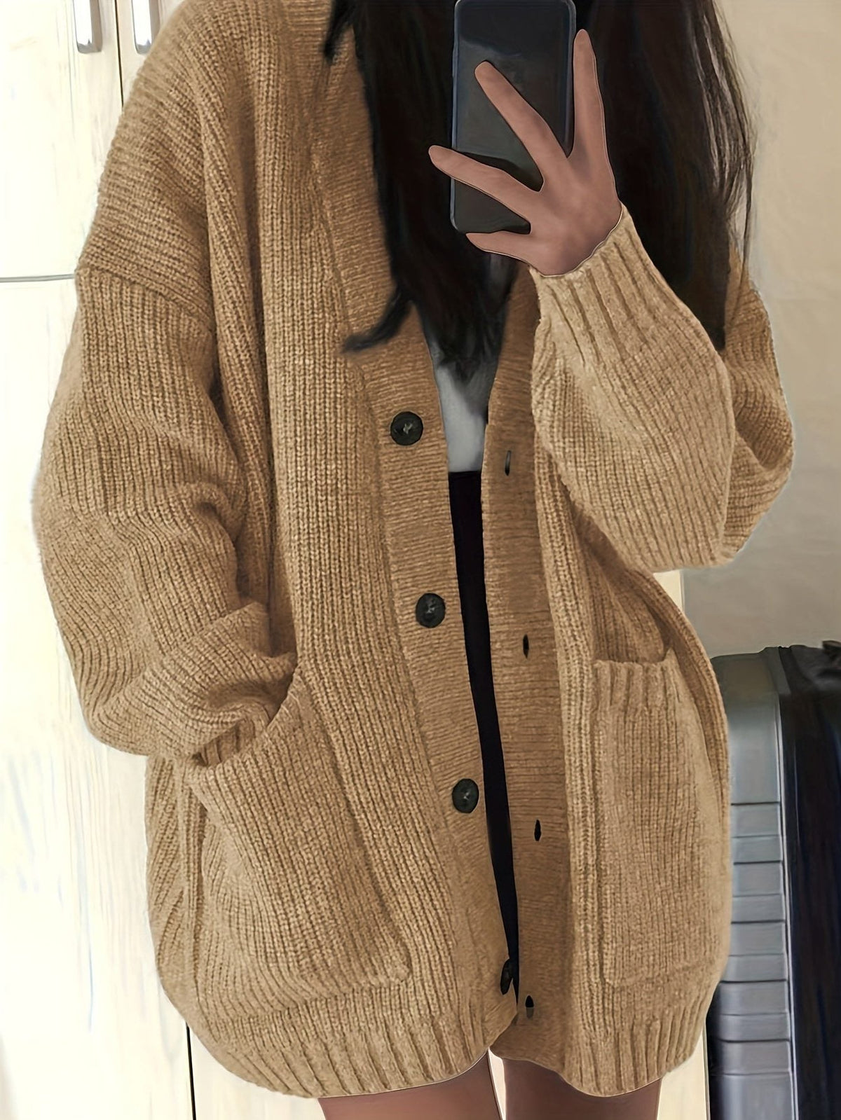 Women's Oversized Textured Knit Cardigan for Easy Layering - Coffee Brown