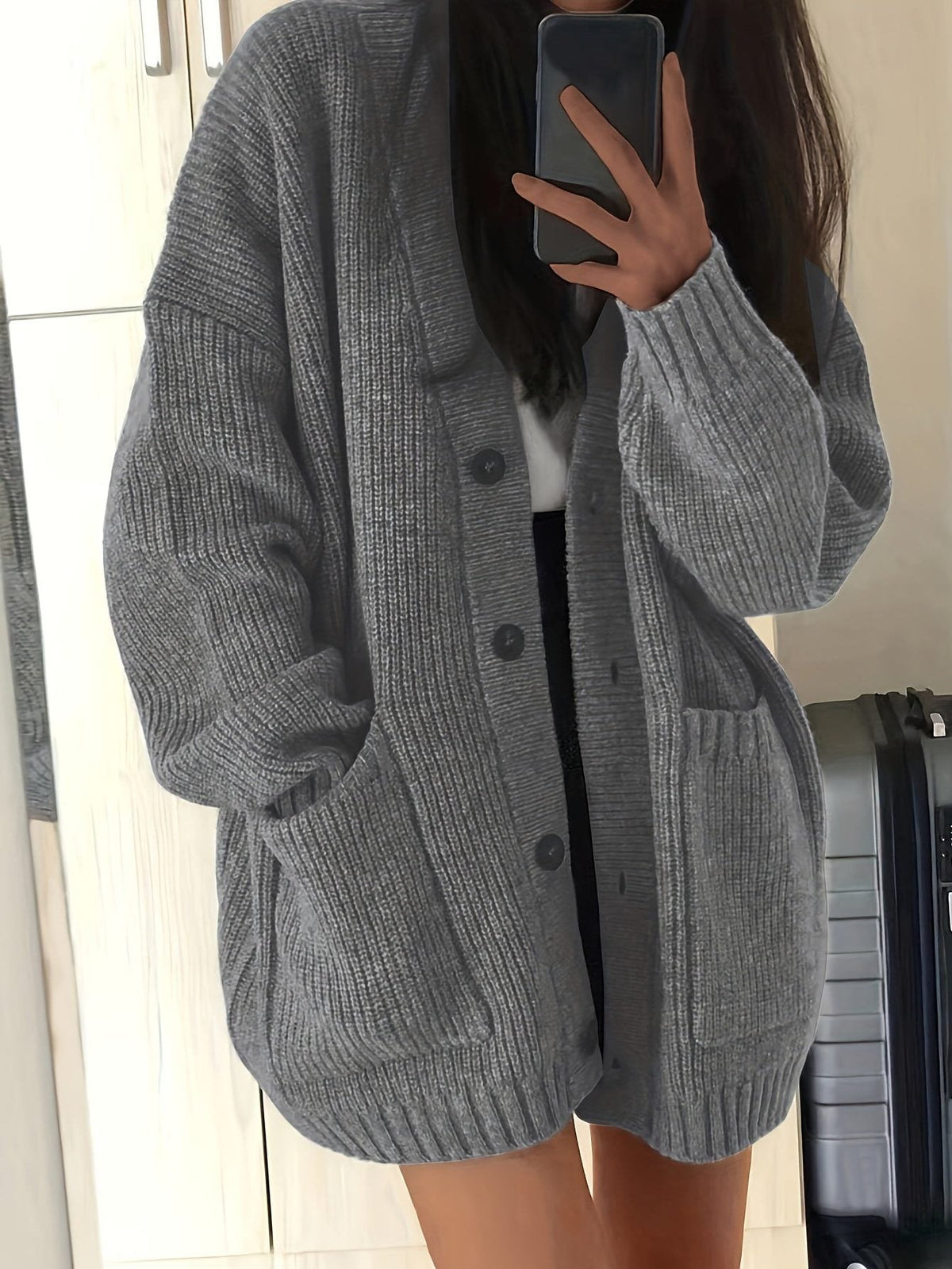 Women's Oversized Textured Knit Cardigan for Easy Layering - Grey