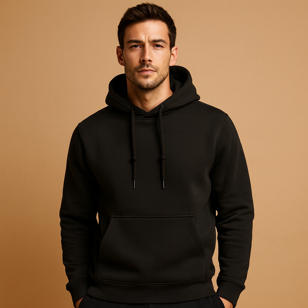 Men's Minimal Front-Pocket Hoodie for Weekend Walks - Black