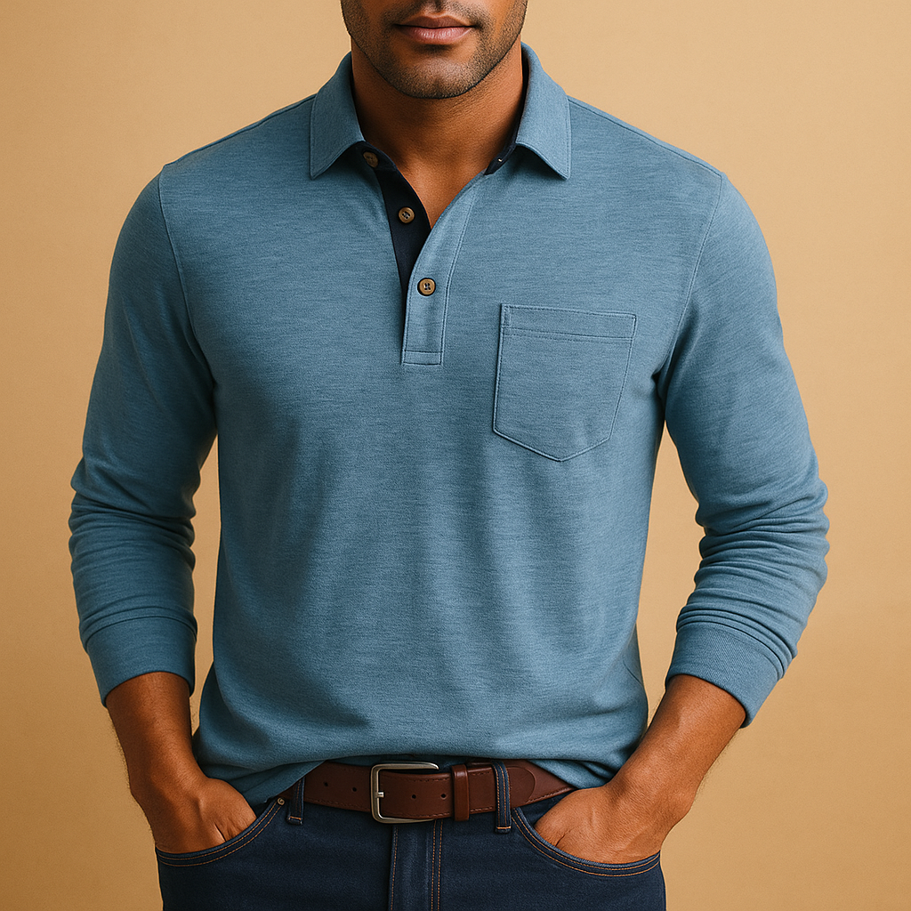 Men's Smart Long-Sleeve Polo in Soft Cotton with Pocket - Blue