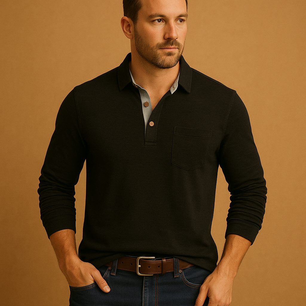 Men's Smart Long-Sleeve Polo in Soft Cotton with Pocket - Black