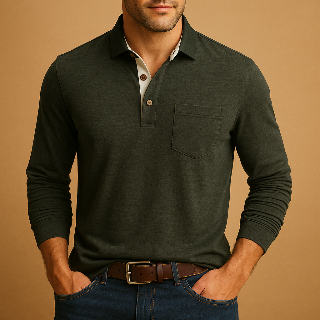 Men's Smart Long-Sleeve Polo in Soft Cotton with Pocket - Dark Grey