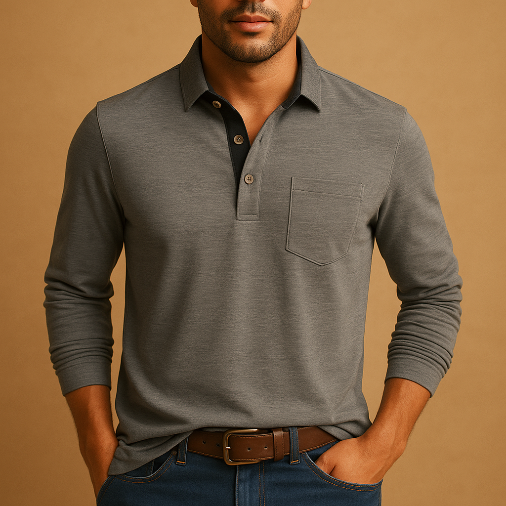 Men's Smart Long-Sleeve Polo in Soft Cotton with Pocket - Light Grey