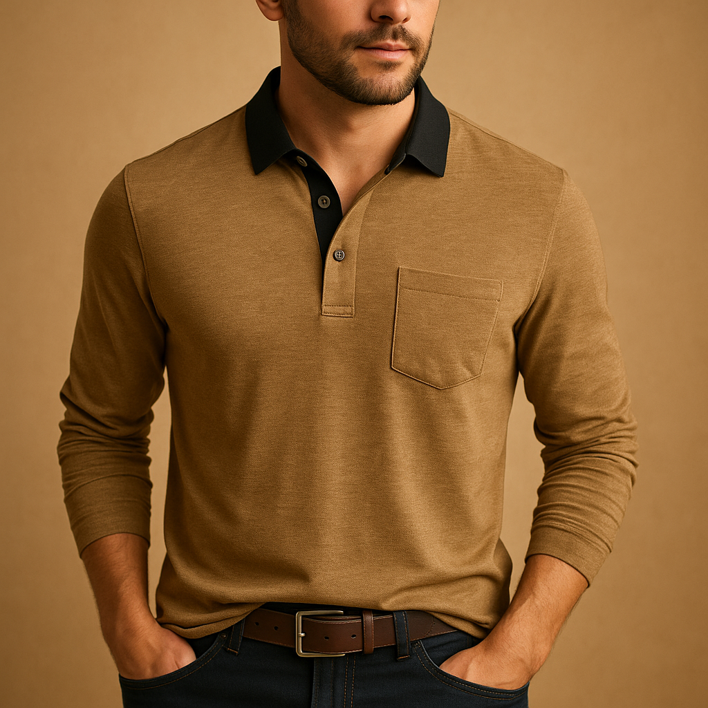 Men's Smart Long-Sleeve Polo in Soft Cotton with Pocket - Khaki