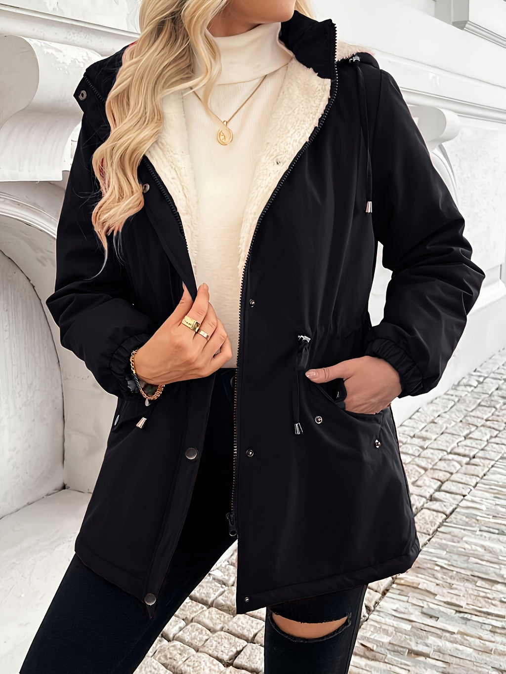 Women's Plush-Lined Winter Jacket with Close-Fitting Hood and Pockets